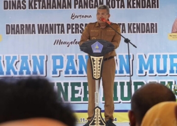 Pj Wali Kota Kendari saat memberikan sambutan pelaksanaan pasar murah & bazar kuliner