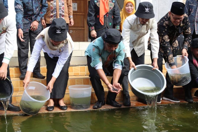 Penguatan Ekoteologi, Kakanwil Kemenag Sultra Lepas 500 Benih Ikan Lele Kantor Kemenag Kolaka Utara